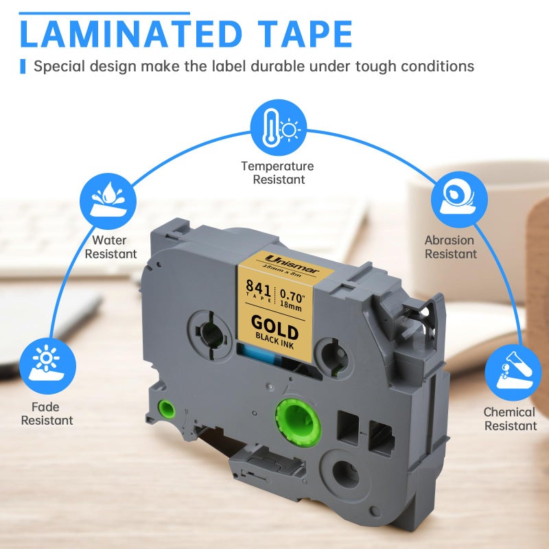 Unismar Compatible for Brother Ptouch TZe-841 TZ-841 TZe841 18mm 0.7 Laminated Tape Black on Gold for Brother PTD400AD PTD400VP PT-D600 PTD600VP PT-P700 PT-P900W Label Maker, 3/4 in x 26.2 ft, 2-Pack - Image 2